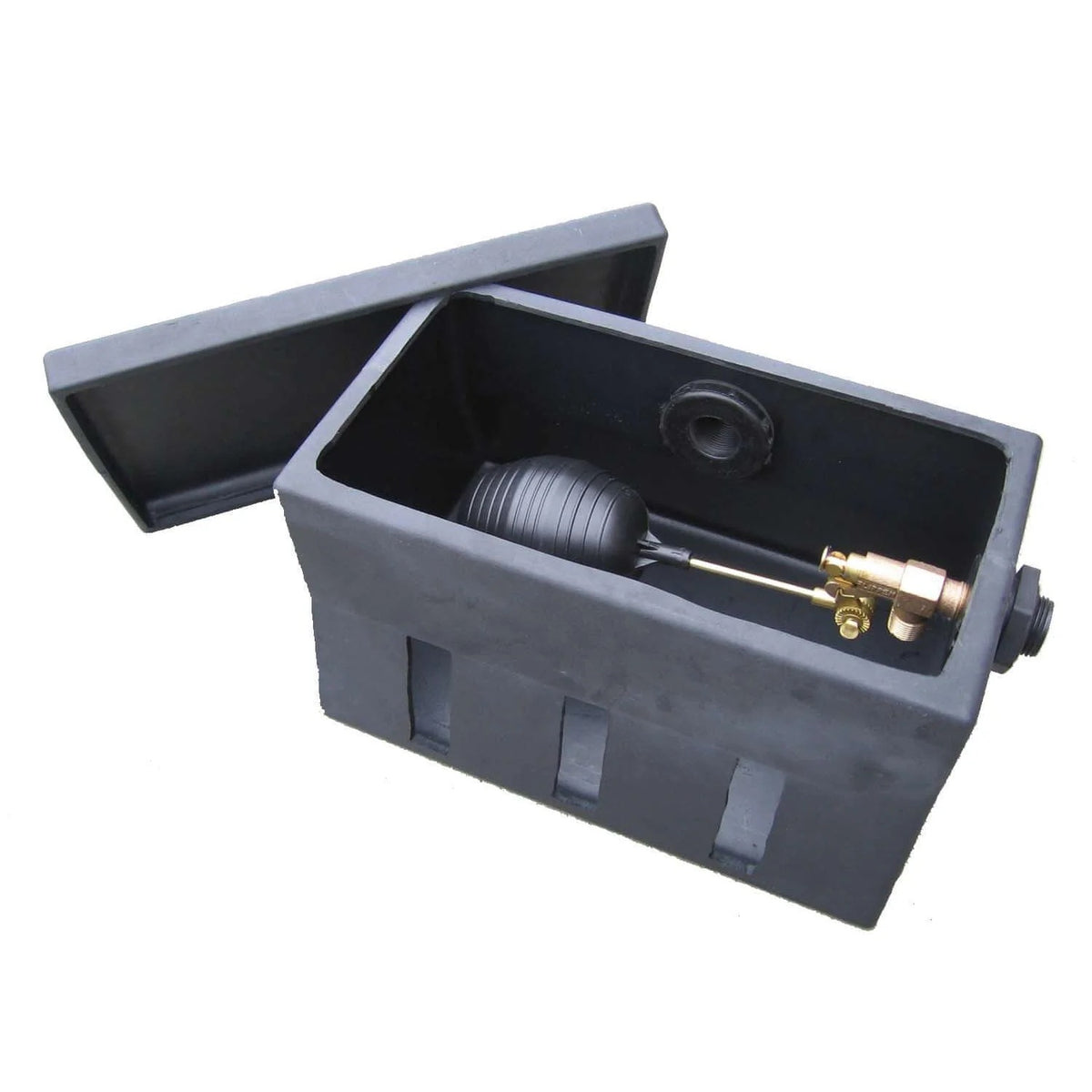 pond auto fill box housing with float valve for automatic pond water level control, black liner-mounted fill box with removable lid