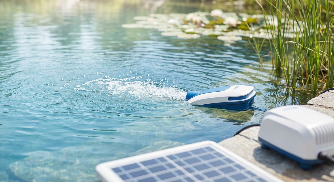 Illustrated guide to pond aeration showing diffused aeration system in a pond