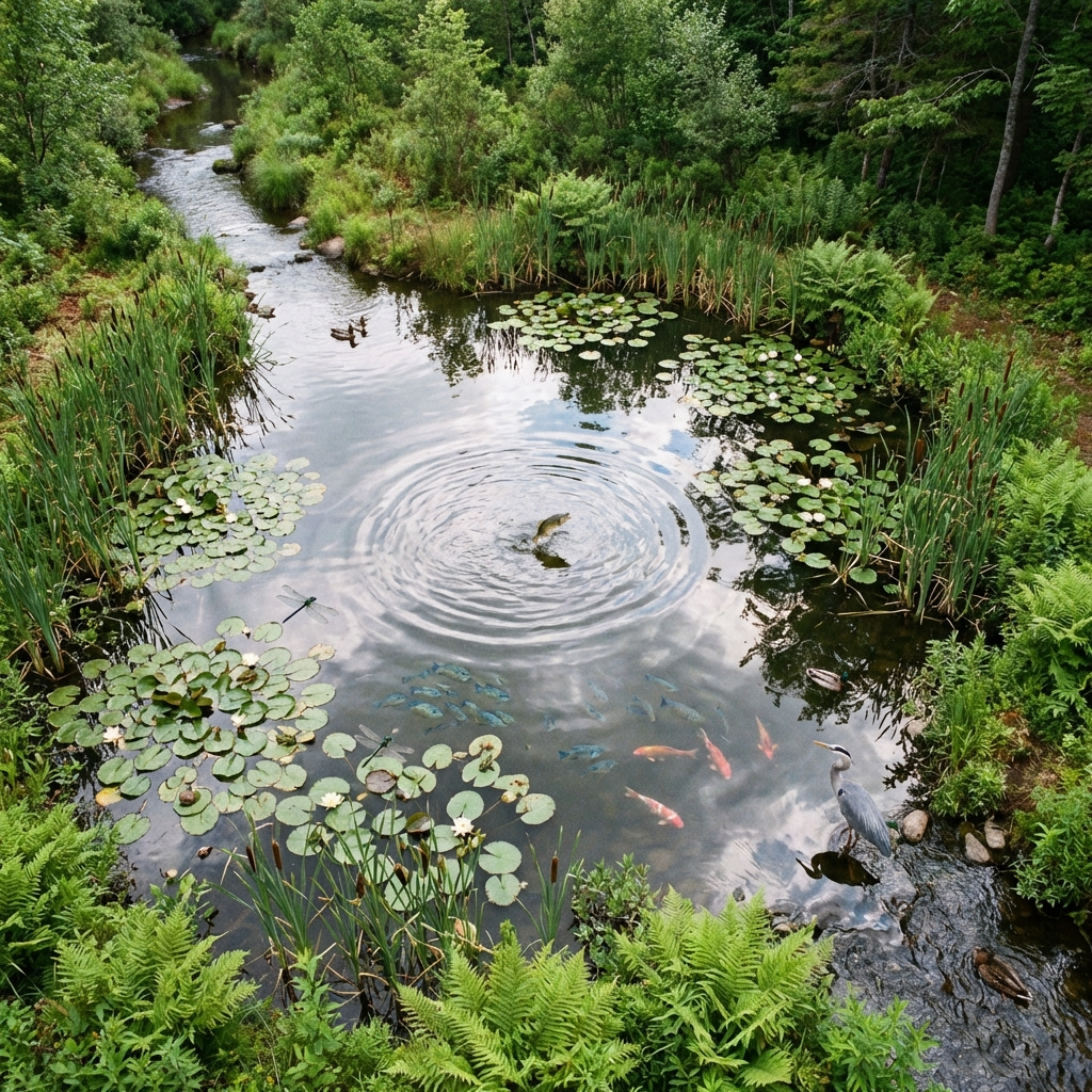 Healthy pond ecosystem diagram with flora and fauna