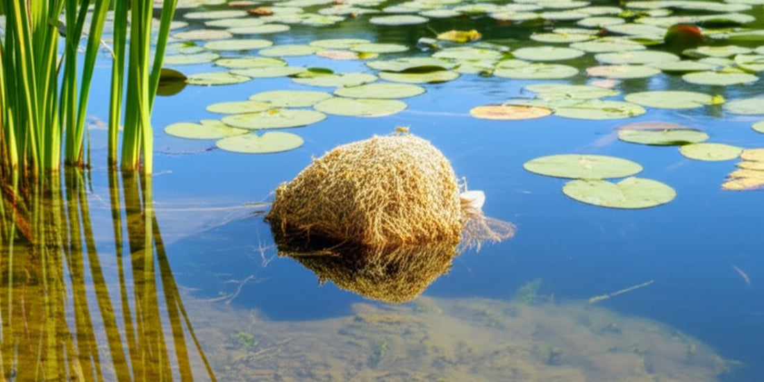 Barley straw bale in mesh bag floating in clear pond water for natural algae control