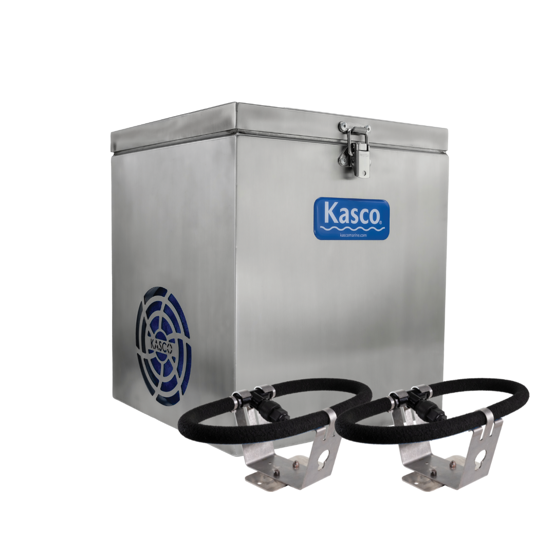 Kasco Home Series Diffused Aeration Systems, showcasing durable stainless steel cabinet, SureSink weighted tubing, and optimal performance for maintaining small residential ponds.