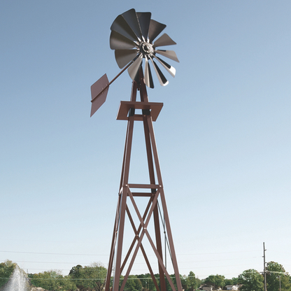 Close-up view of the Galvanized Backyard Ornamental Windmill - 8' featuring the 27-inch windmill head and red powder-coated tips.