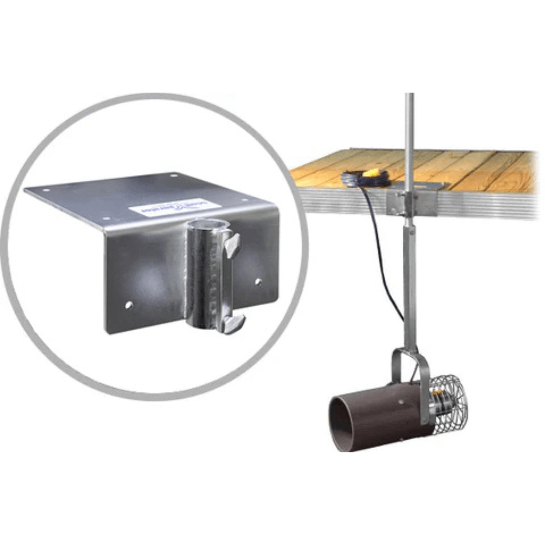 Aquasweep Dock Mount Muck Mover mounted on dock, underwater motor and nozzle pushing sediment and debris away for cleaner shoreline
