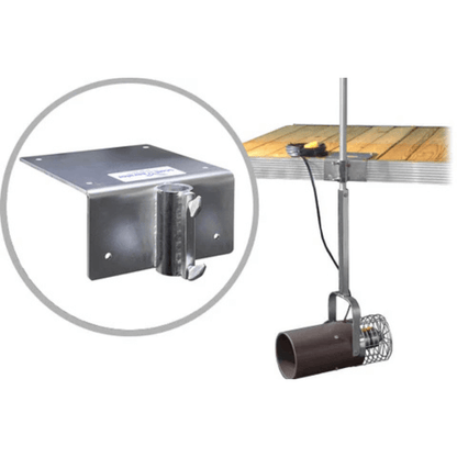 Aquasweep Dock Mount Muck Mover mounted on dock, underwater motor and nozzle pushing sediment and debris away for cleaner shoreline