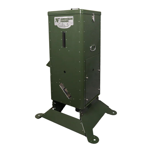 American Feeder H125 Bill Dance Series solar powered fish feeder, green powder-coated steel hopper on directional stand