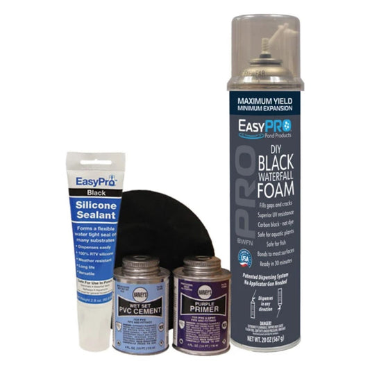 EasyPro WIK2 large waterfall installation kit: black waterfall foam, PVC cement, purple primer and black silicone sealant