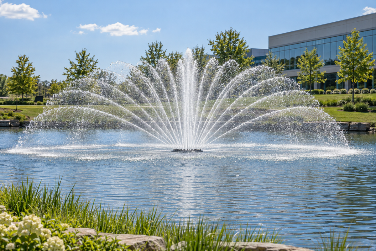 Otterbine Equinox floating fountain spraying a wide fan of arching streams in a corporate campus pond