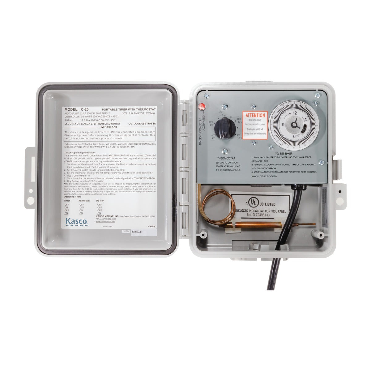 Kasco C-20 de-icer controller open, showing thermostat dial, 24-hour timer and temperature sensor bulb inside the enclosure