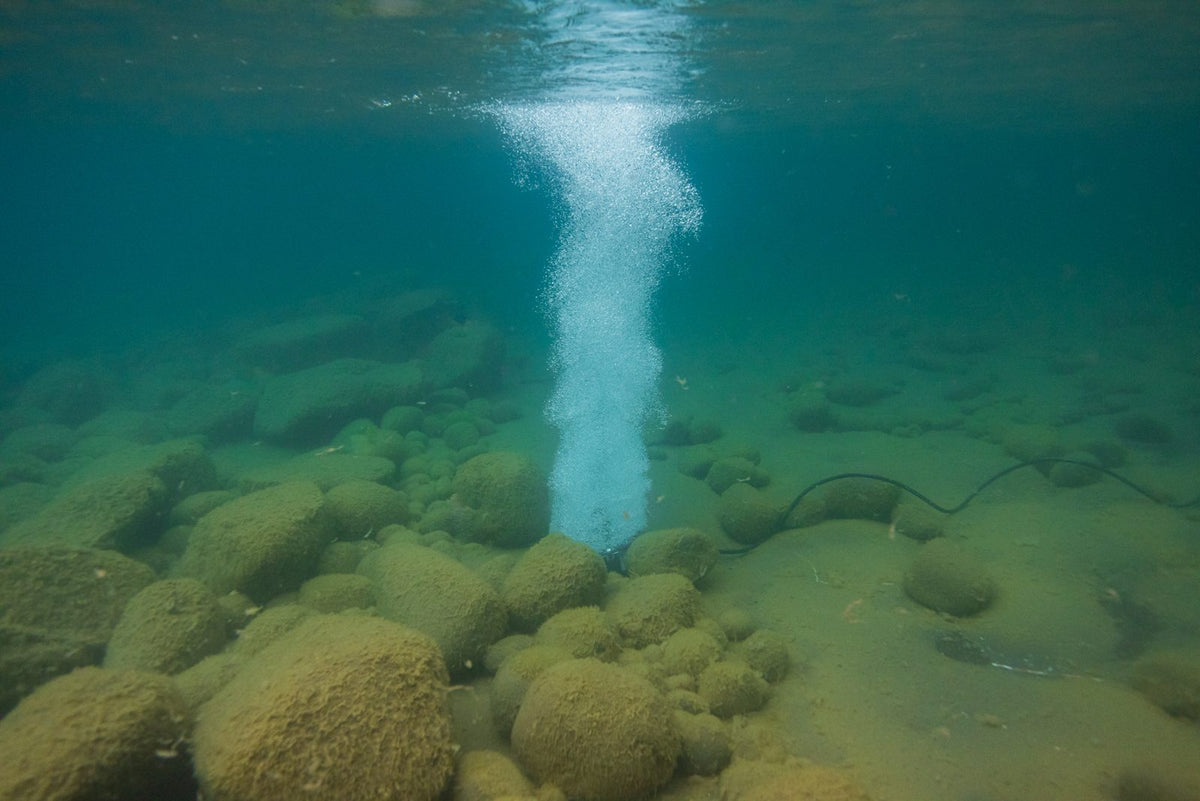 Kasco bottom diffuser aerator releasing a column of fine bubbles underwater to aerate a pond