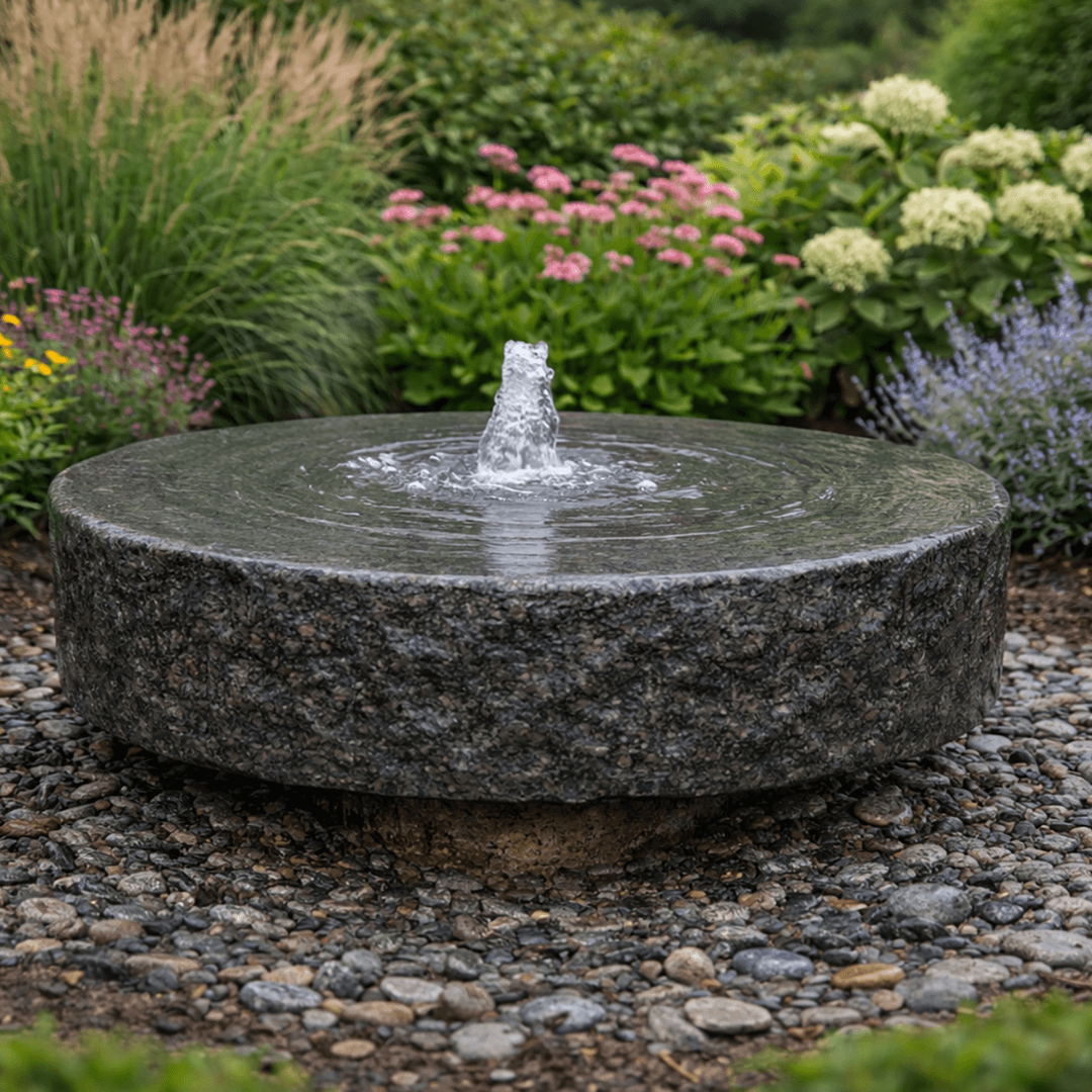 Millstone Pedestal Fountain Kit gray granite bubbling pedestal fountain kit with circular stone basin and gentle water flow in garden