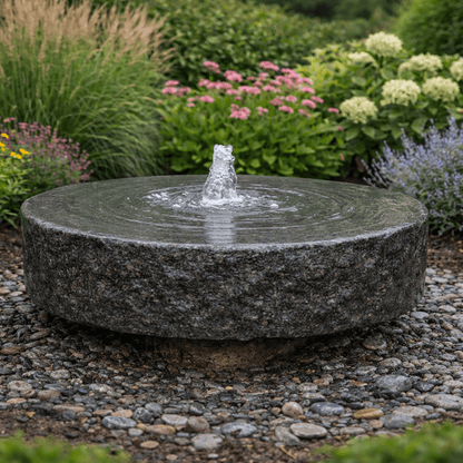 Millstone Pedestal Fountain Kit gray granite bubbling pedestal fountain kit with circular stone basin and gentle water flow in garden