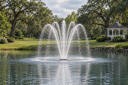 Otterbine Omega floating fountain spraying an arch of streams in an estate pond
