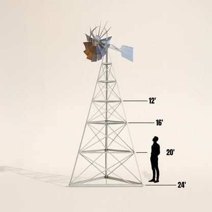 Windmill pond aerator height comparison: 12, 16, 20 and 24 foot towers with a person for scale
