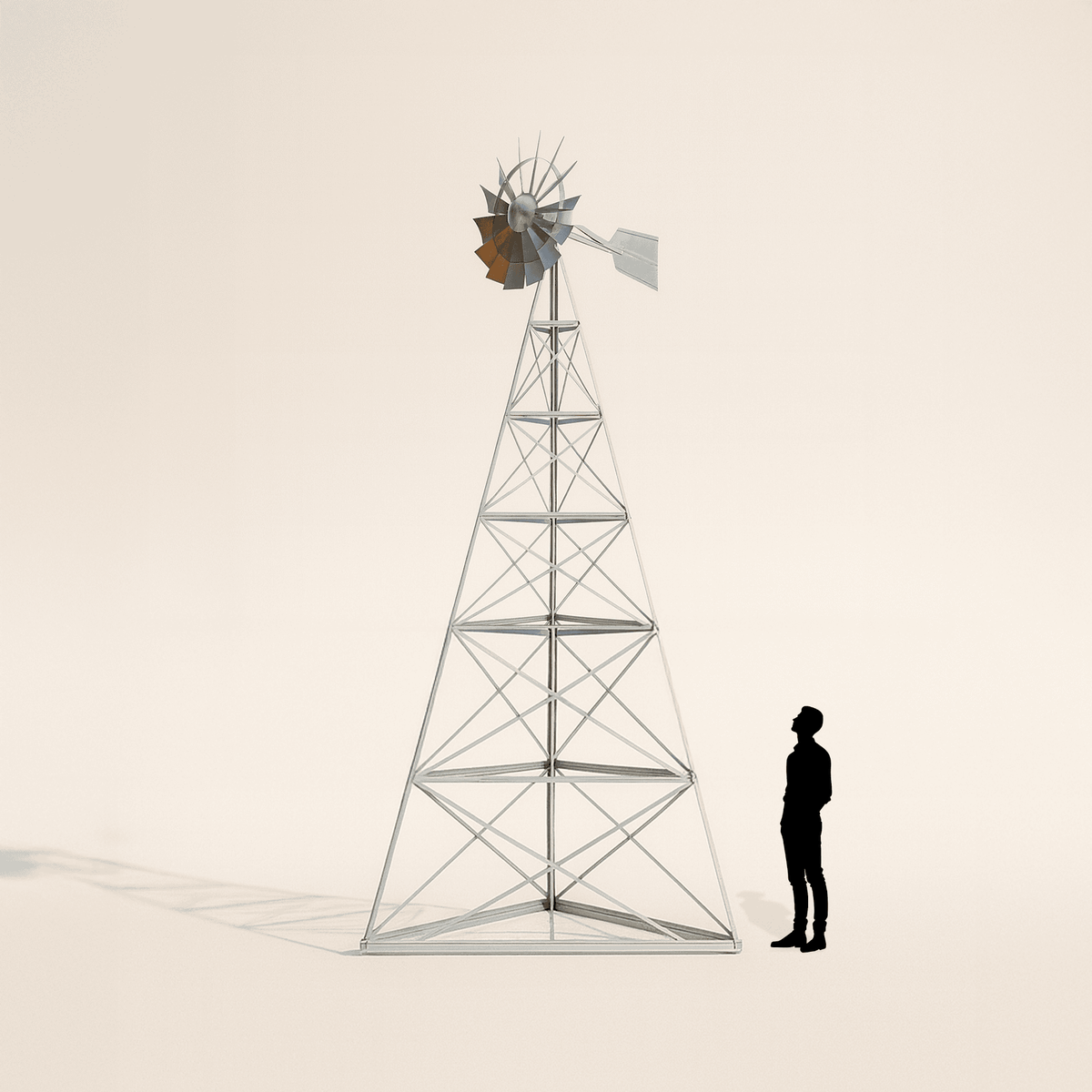 16 ft steel windmill aerator tower with a person standing beside it for scale