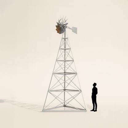 16 ft steel windmill aerator tower with a person standing beside it for scale