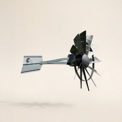 Close-up of the galvanized windmill head and tail on the 16 ft windmill aerator