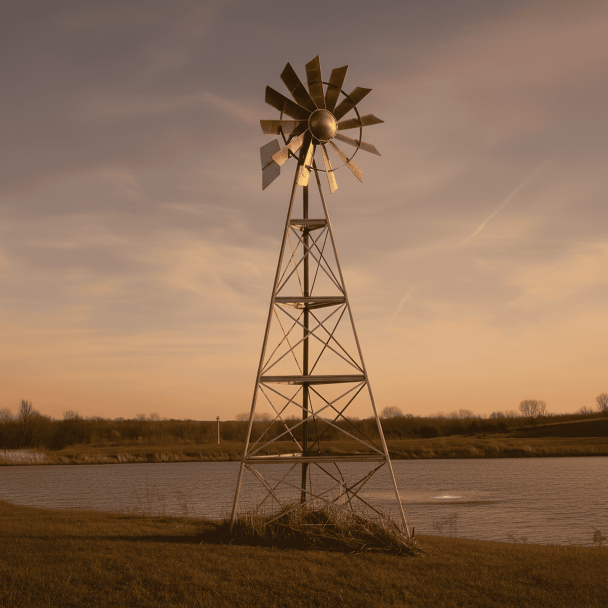 Outdoor Water Solutions 20 ft galvanized windmill pond aerator kit at sunset beside a pond