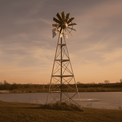 Outdoor Water Solutions 20 ft galvanized windmill pond aerator kit at sunset beside a pond