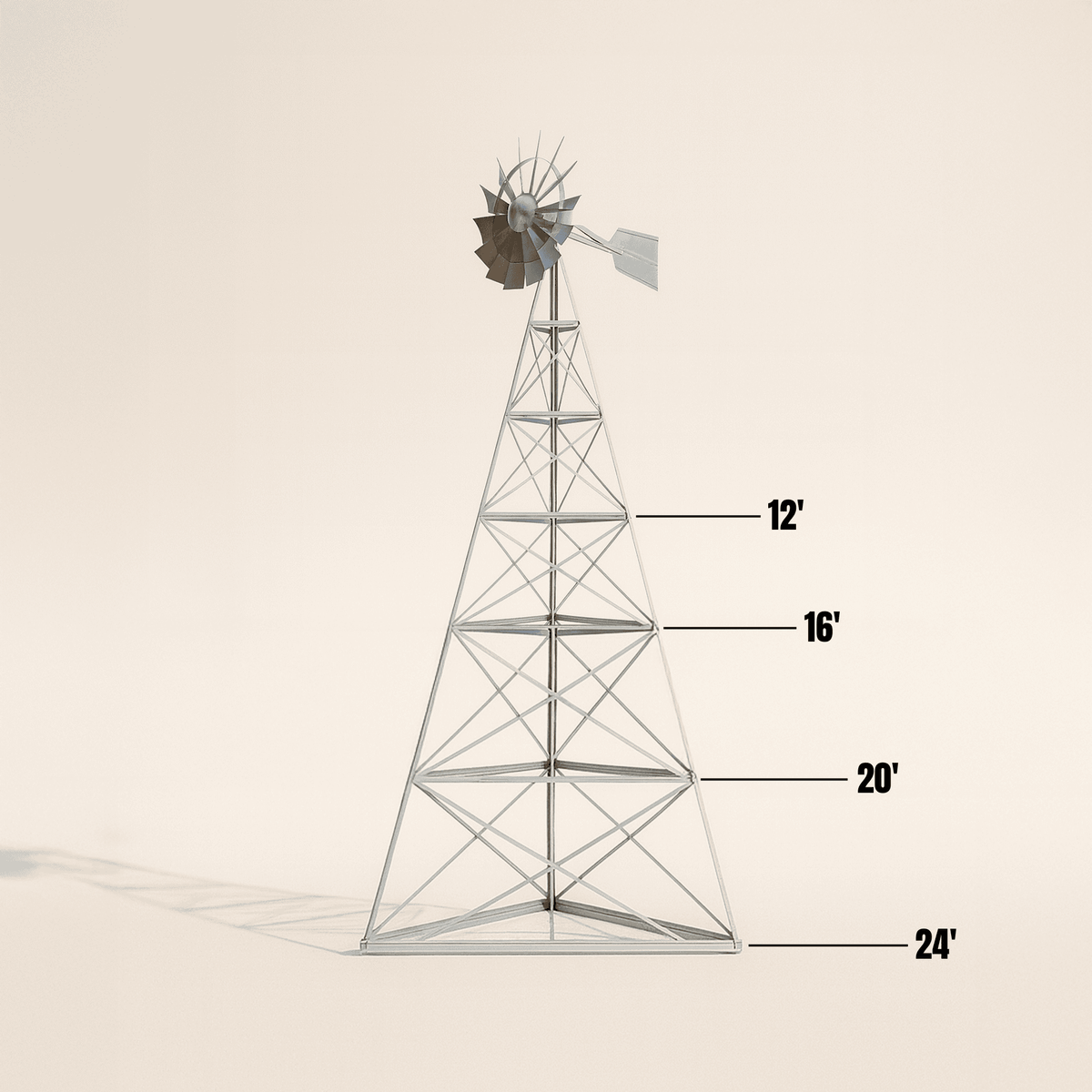 Windmill aerator tower height diagram showing 12, 16, 20 and 24 ft options