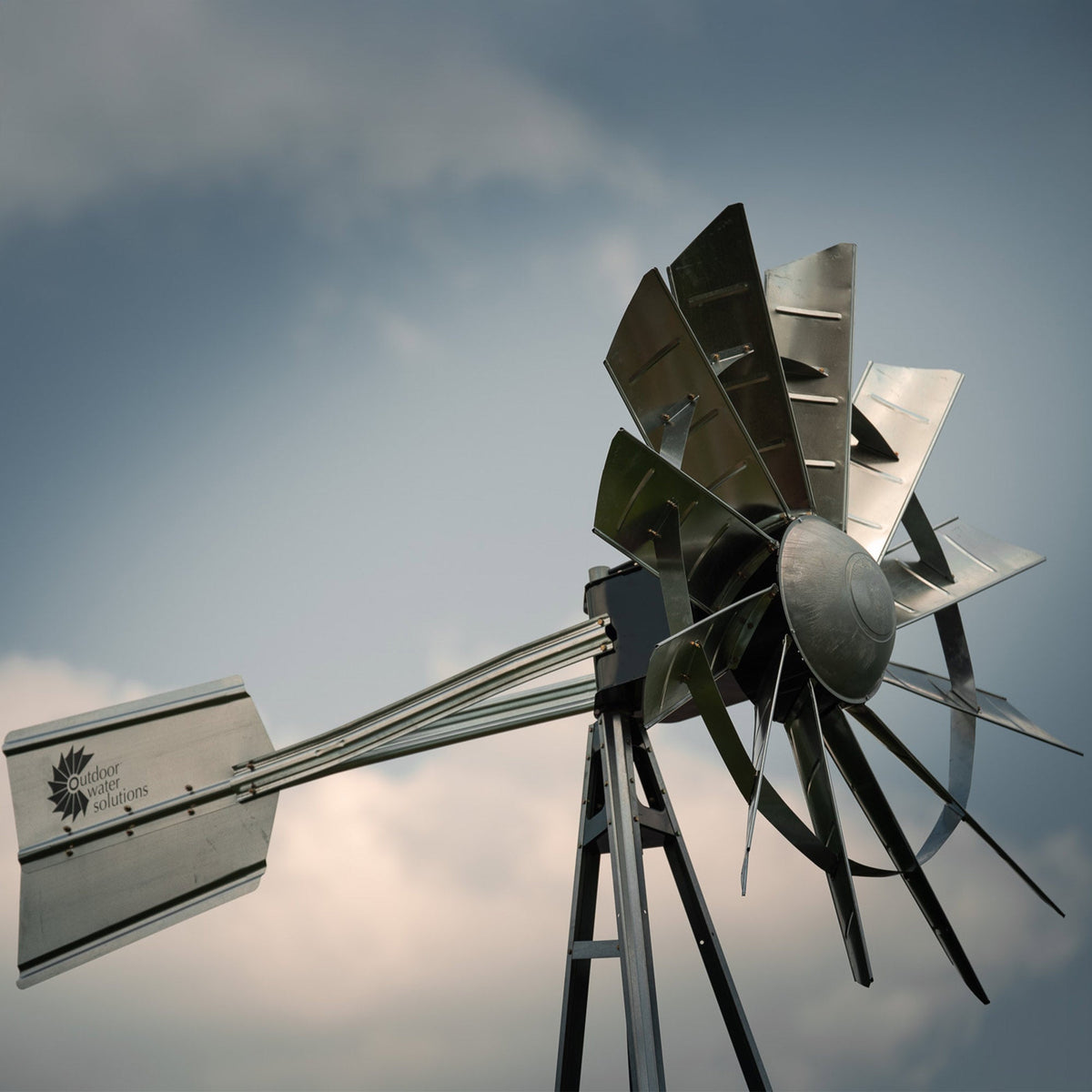Close-up of Outdoor Water Solutions windmill aerator head and galvanized blades