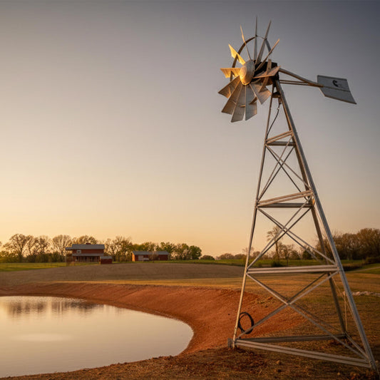 Outdoor Water Solutions Deluxe 3-leg galvanized windmill pond aerator beside a pond