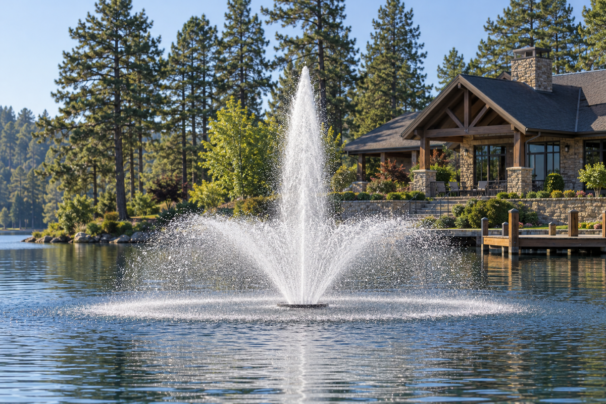 Otterbine Phoenix floating fountain with a tall center jet over a wide spray skirt on a lake