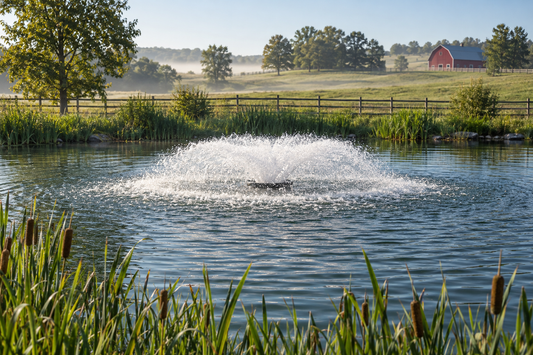 Otterbine Saturn floating fountain with a low, wide spray pattern aerating a farm pond