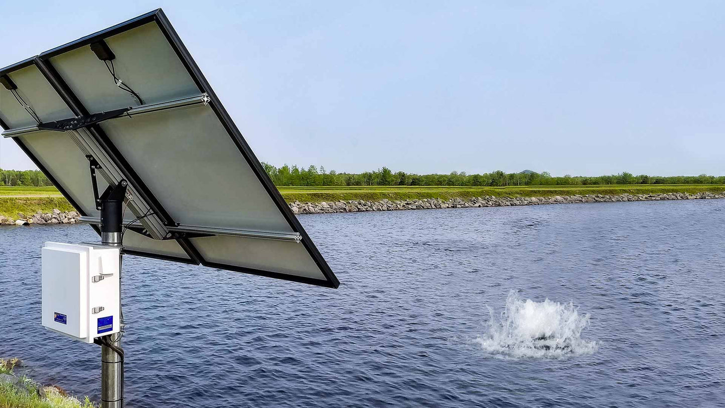 Scott Aerator Solar Boilermaker solar powered pond aerator with solar panels and surface aerator creating splash in pond