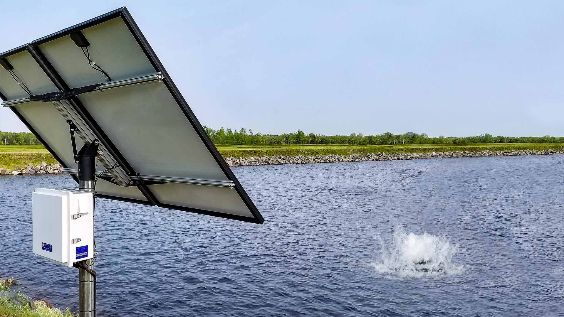 Scott Aerator Solar Boilermaker solar powered pond aerator with solar panels and surface aerator creating splash in pond