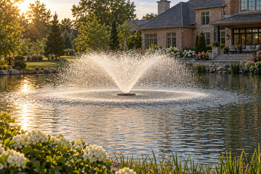 Otterbine Sunburst floating fountain spraying a fan-shaped pattern in a backyard pond