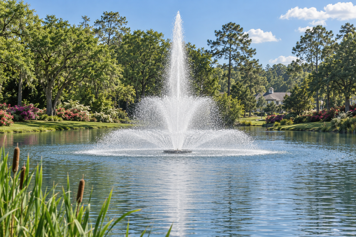 Otterbine Tri Star floating pond fountain spraying a three-tier pattern in a landscaped pond