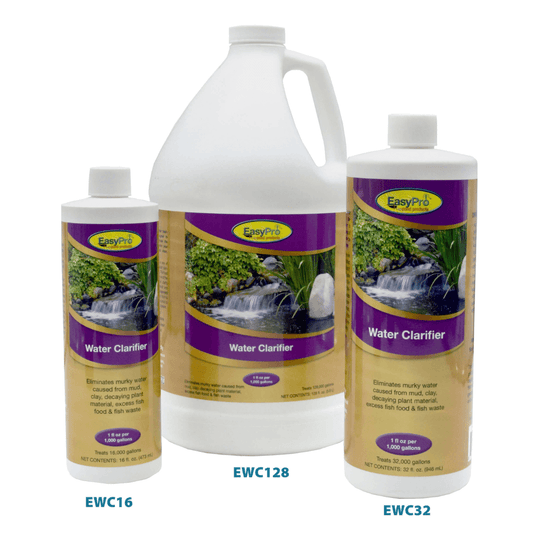 EasyPro Water Clarifier bottles in 16 oz, 32 oz and 1 gallon sizes, showing the same formula sold in the 55 gallon drum
